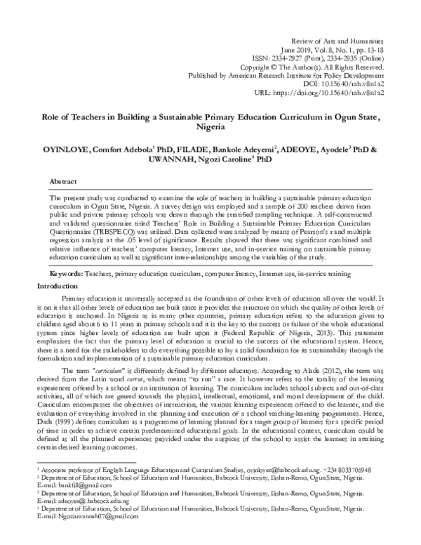 (PDF) Role of Teachers in Building a Sustainable Primary Education ...