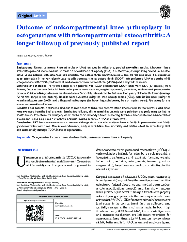 (PDF) Outcome of unicompartmental knee arthroplasty in octogenarians ...