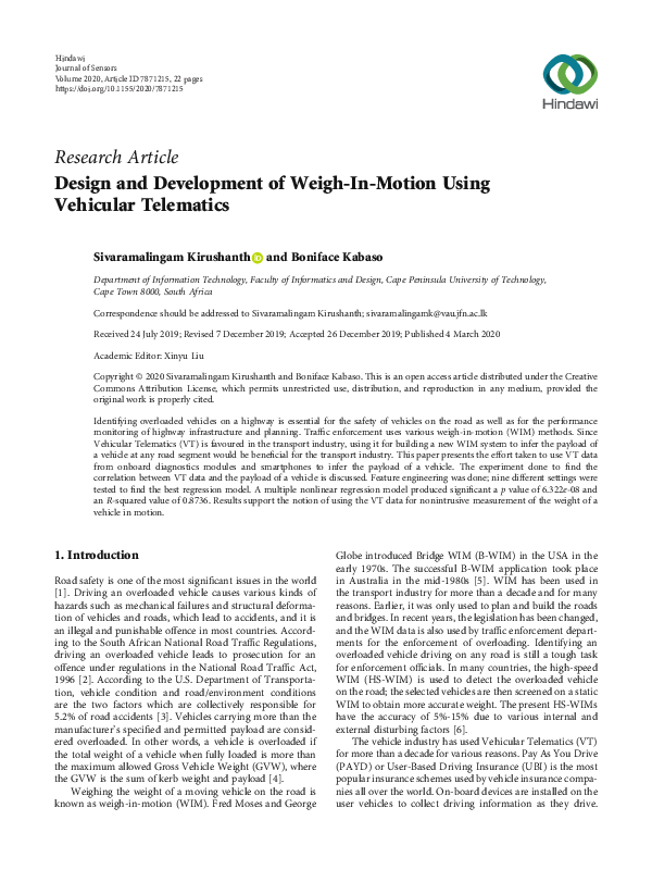 (PDF) Design and Development of Weigh-In-Motion Using Vehicular Telematics