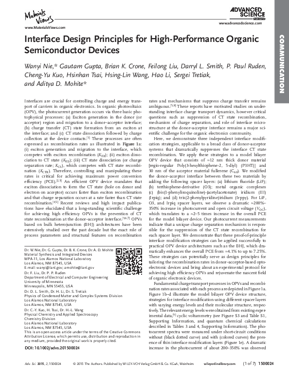 (PDF) Interface Design Principles for High-Performance Organic ...
