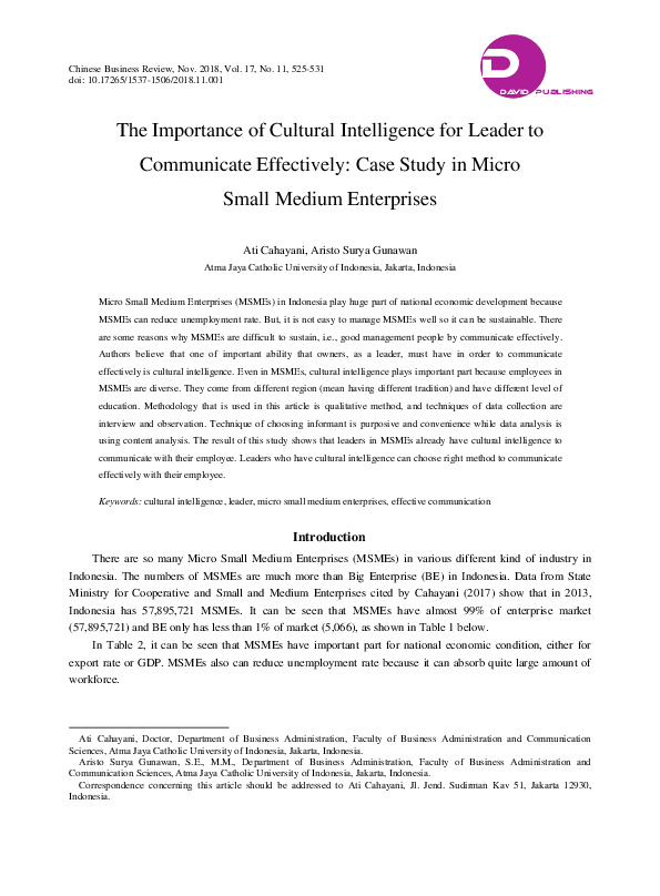 (PDF) The Importance of Cultural Intelligence for Leader to Communicate ...