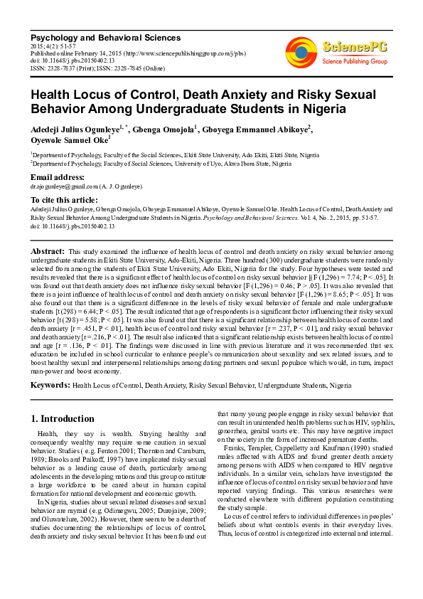 (PDF) Health Locus of Control, Death Anxiety and Risky Sexual Behavior ...