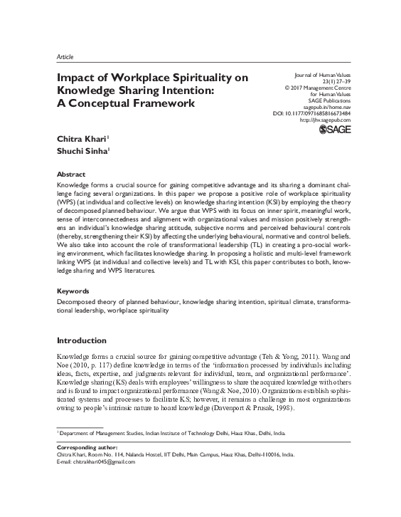 (PDF) Impact of Workplace Spirituality on Knowledge Sharing Intention ...