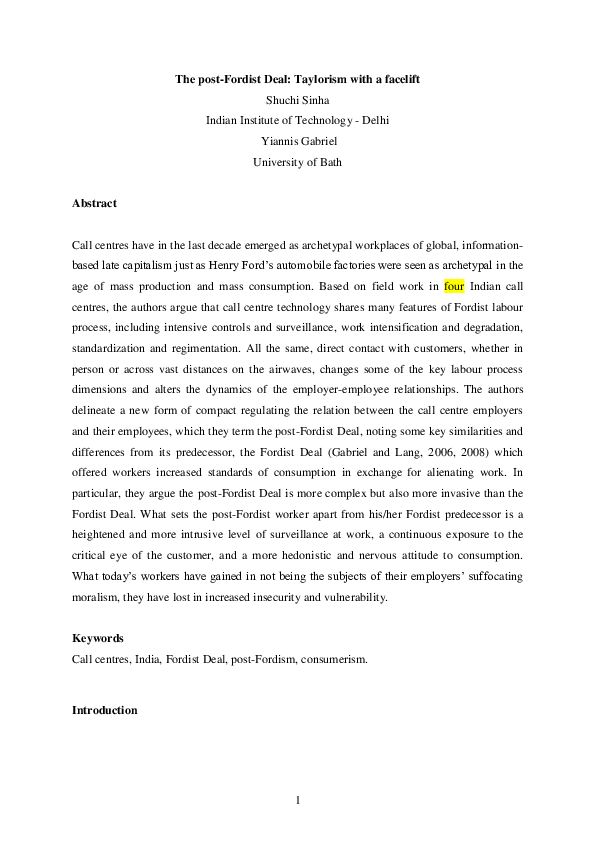 (PDF) The post-Fordist Deal: Taylorism with a facelift