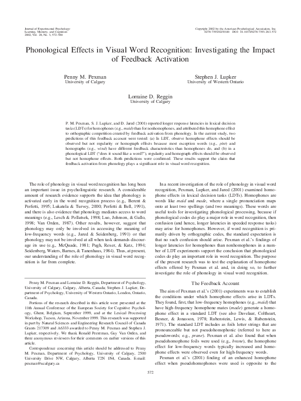 (PDF) Phonological effects in visual word recognition: Investigating ...