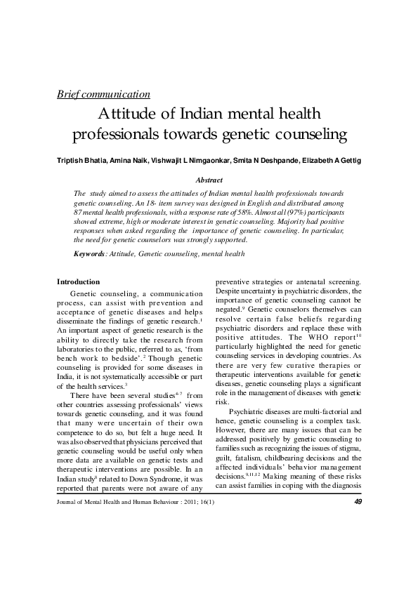(PDF) Attitude of Indian mental health professionals towards genetic ...