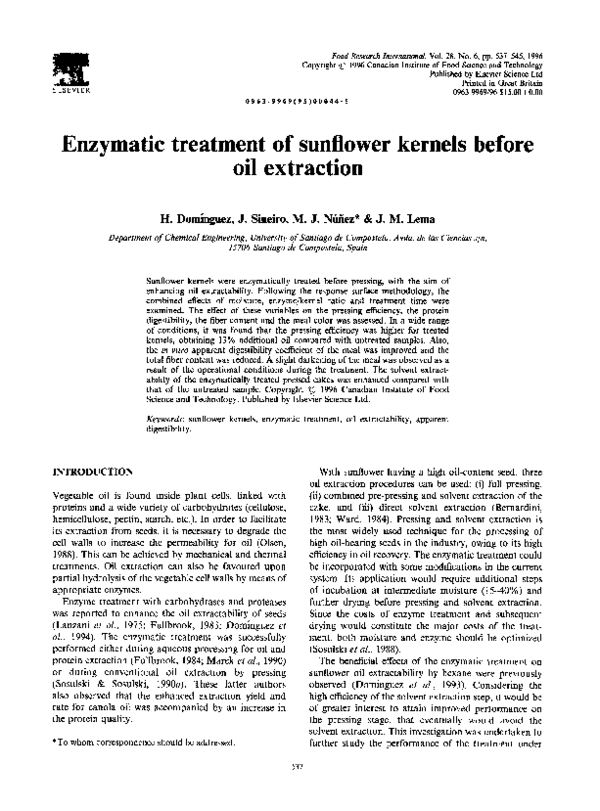 (PDF) Enzymatic treatment of sunflower kernels before oil extraction Juan Lema Academia.edu