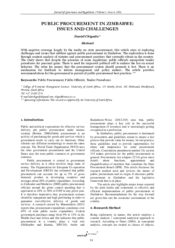 (PDF) Public Procurement in Zimbabwe: Issues and Challenges