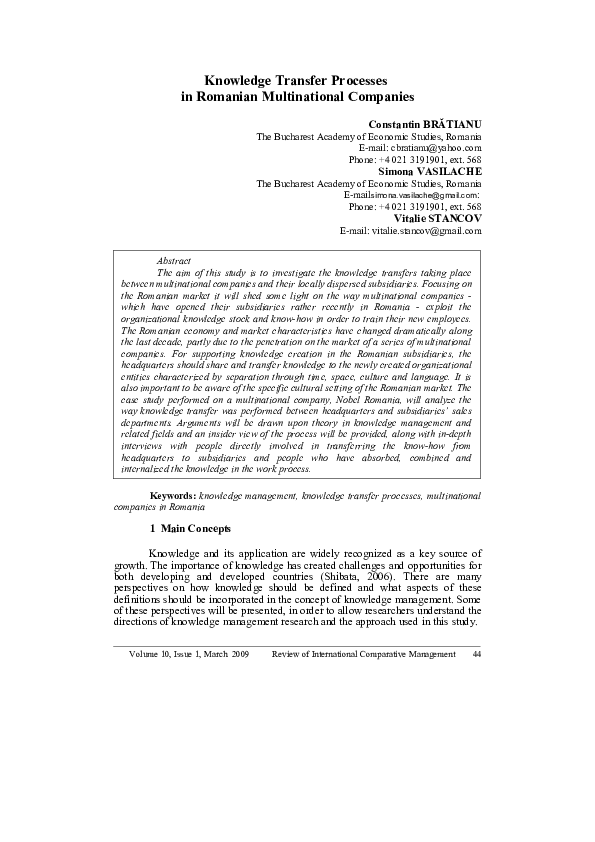 (PDF) Knowledge transfer processes in Romanian multinational companies