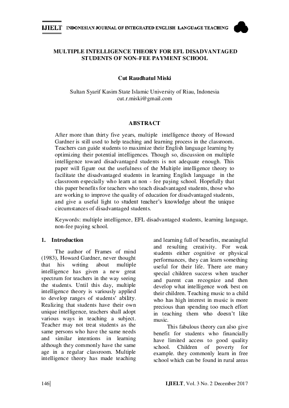 (PDF) Multiple Intelligence Theory for Efl Disadvantaged Students of ...