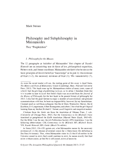 (PDF) Mark Steiner, “Philosophy and Subphilosophy in Maimonides: Two ...