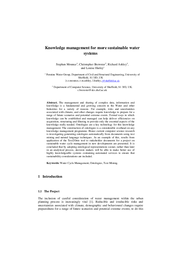 (PDF) Knowledge management for more sustainable water systems
