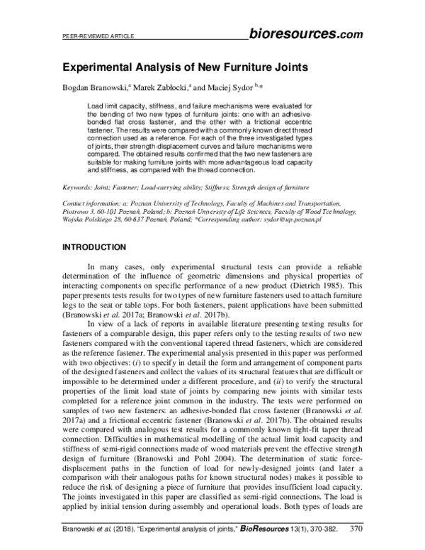 (PDF) Experimental Analysis of New Furniture Joints