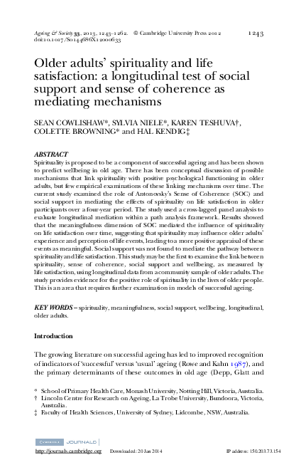 (PDF) Older adults' spirituality and life satisfaction: a longitudinal ...