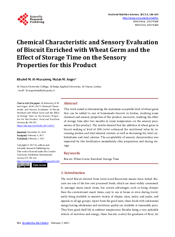 (PDF) Chemical Characteristic and Sensory Evaluation of Biscuit ...