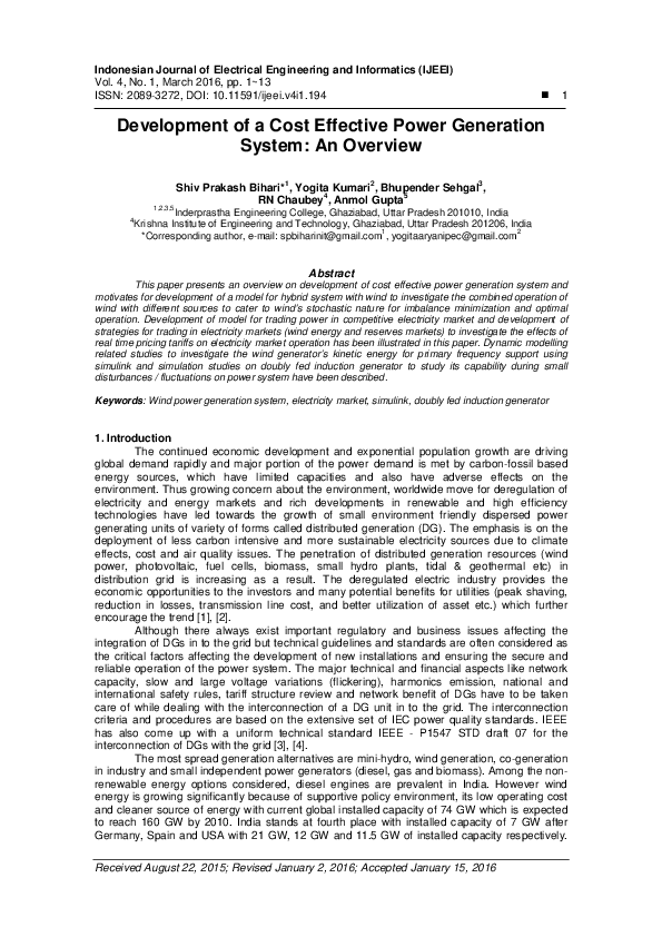 (PDF) Development of a Cost Effective Power Generation System: An Overview