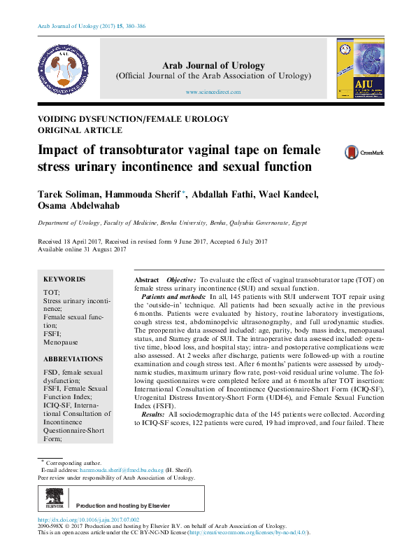 (PDF) Impact of transobturator vaginal tape on female stress urinary ...