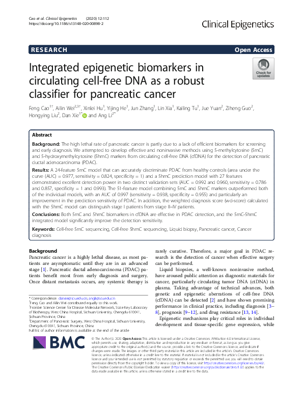 (PDF) Integrated epigenetic biomarkers in circulating cell-free DNA as ...