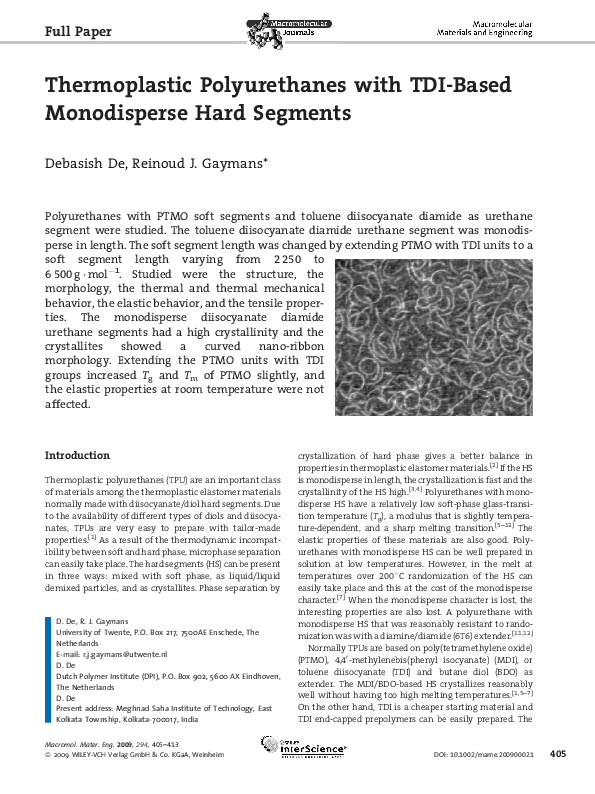 (PDF) Thermoplastic Polyurethanes with TDIBased Monodisperse Hard