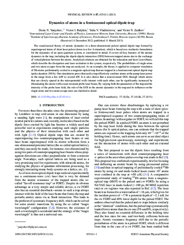 (PDF) Dynamics of atoms in a femtosecond optical dipole trap