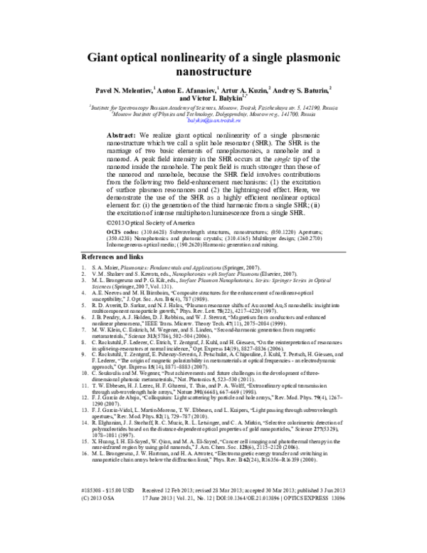 (PDF) Giant optical nonlinearity of plasmonic nanostructures