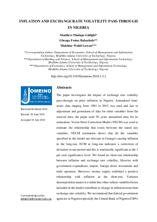 (PDF) Inflation and Exchange Rate Volatility Pass-Through in Nigeria