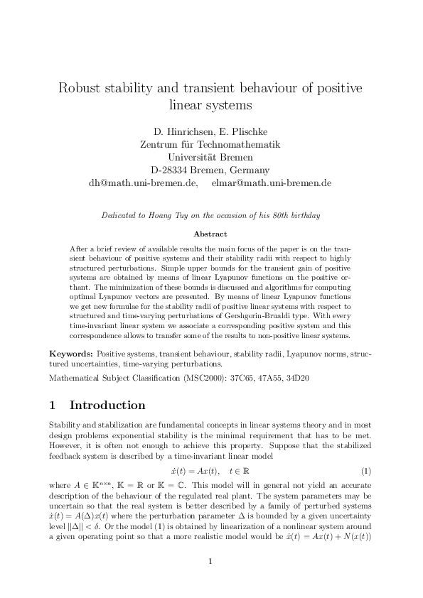 (PDF) Stability and Transient Behavior of Positive Linear Systems