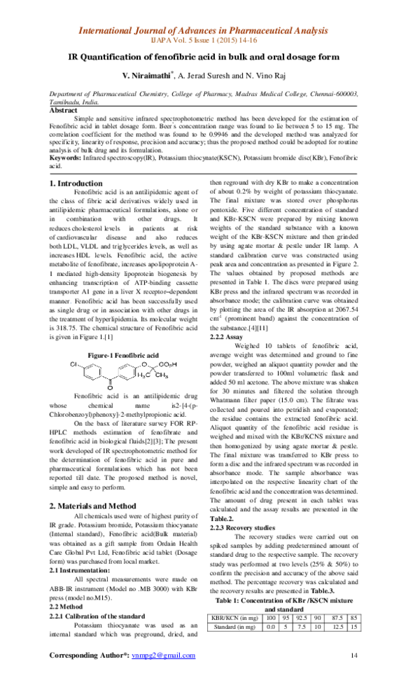 (PDF) IR quantification of fenofibric acid in bulk and oral dosage form