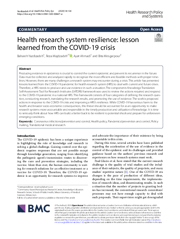 (PDF) Health research system resilience: lesson learned from the COVID ...