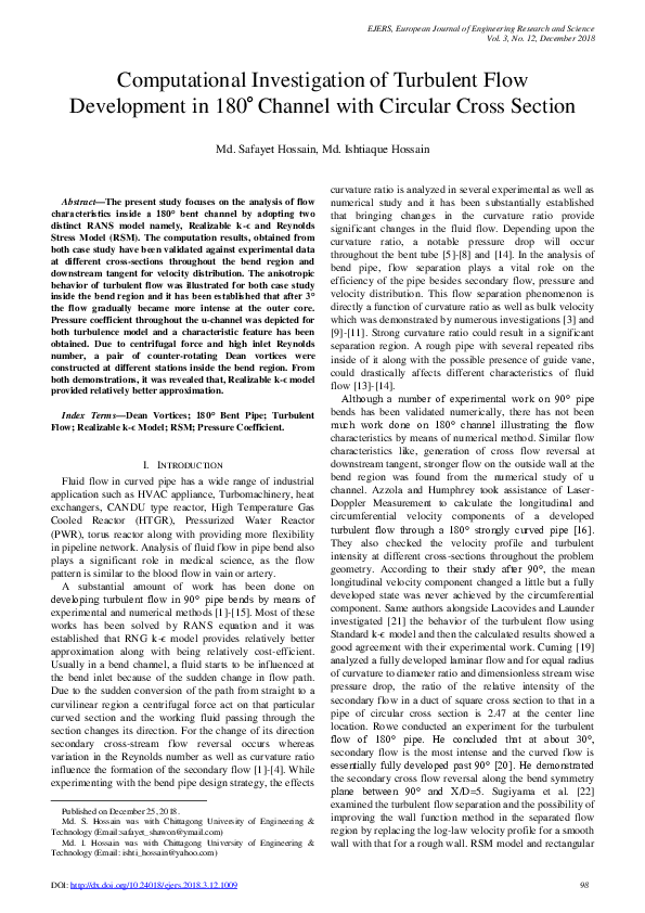 (PDF) Computational Investigation of Turbulent Flow Development in 180 ...