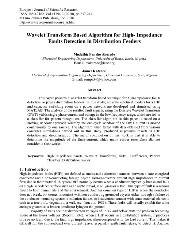 (PDF) Wavelet Transform Based Algorithm for High-Impedance Faults ...