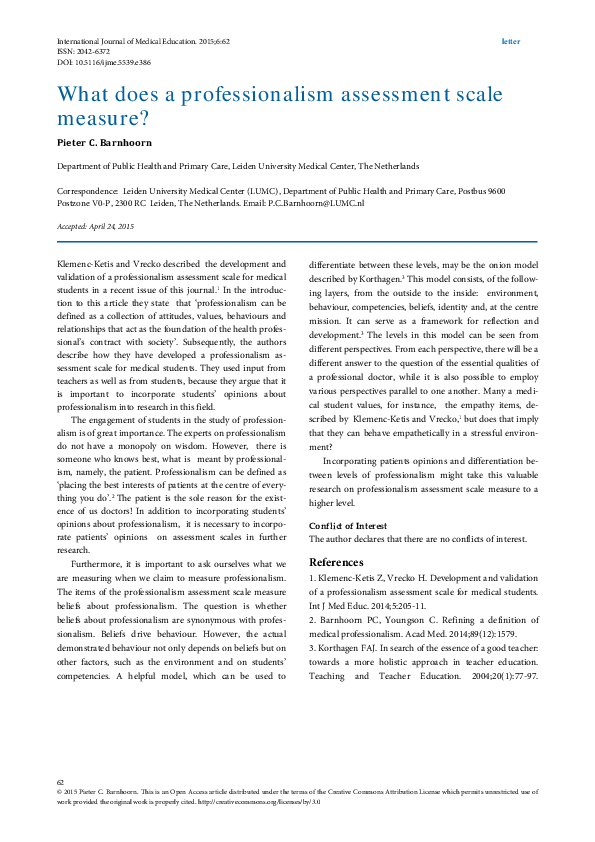 (PDF) What does a professionalism assessment scale measure? Pieter