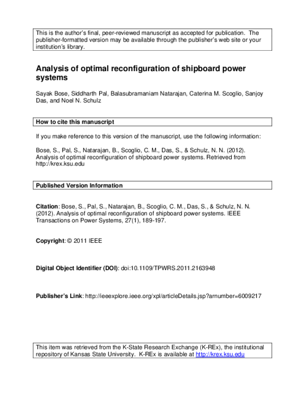 (PDF) Analysis of Optimal Reconfiguration of Shipboard Power Systems