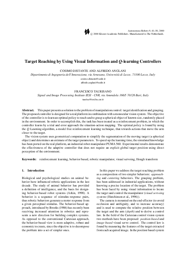 (PDF) Target reaching by using visual information and Q-learning ...