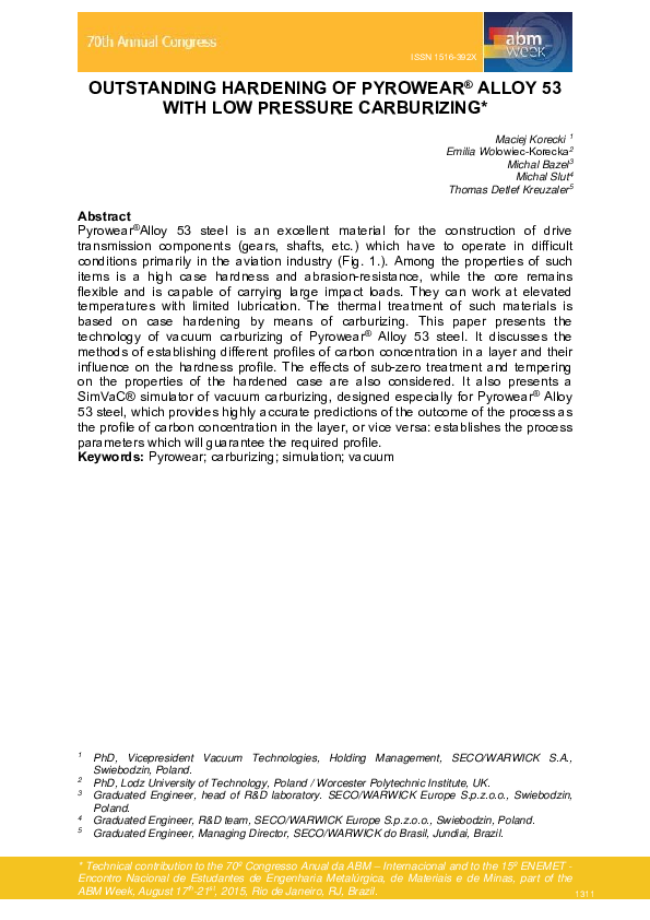 (PDF) Outstanding Hardening of Pyrowear® Alloy 53 with Low Pressure ...