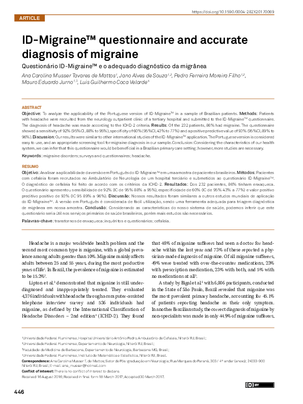 (PDF) IDMigraine™ questionnaire and accurate diagnosis of migraine