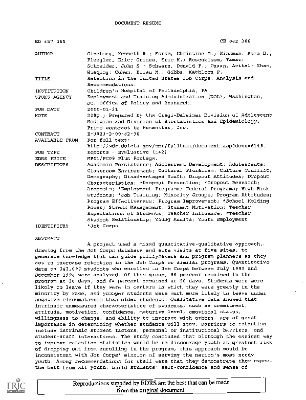 (PDF) Retention in the United States Job Corps Analysis and