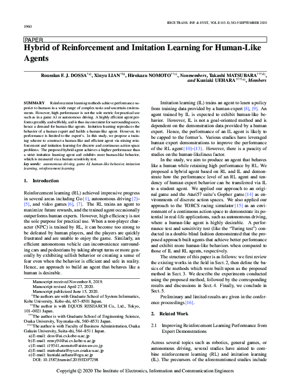 (PDF) Hybrid of Reinforcement and Imitation Learning for Human-Like Agents
