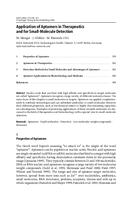 (PDF) Application of aptamers in therapeutics and for small-molecule ...