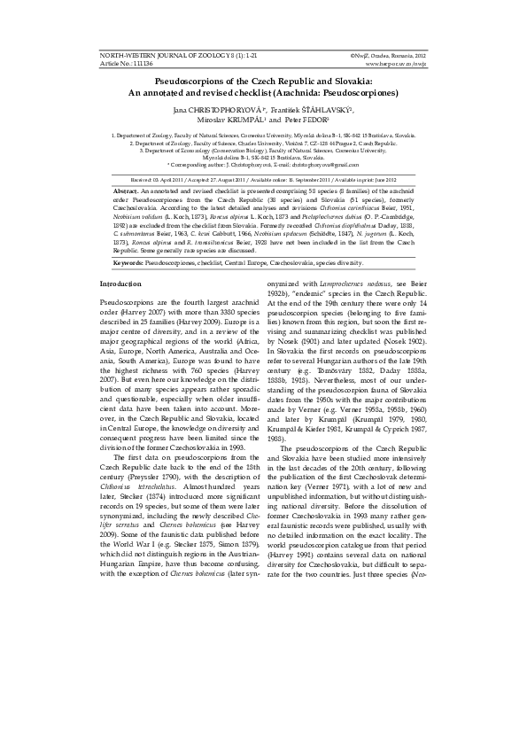 (PDF) Pseudoscorpions of the Czech Republic and Slovakia: An annotated ...