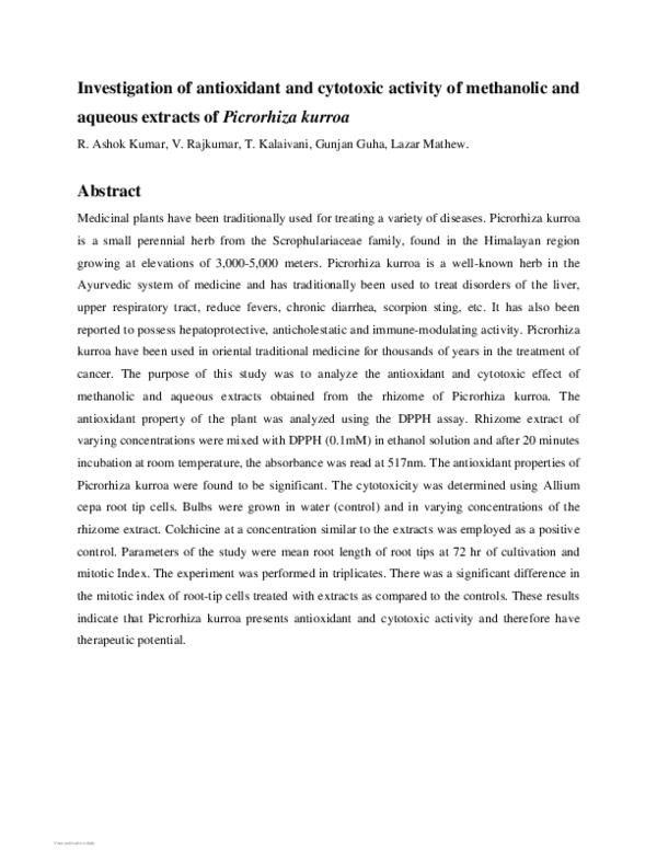 (PDF) Investigation of antioxidant and cytotoxic activity of methanolic ...