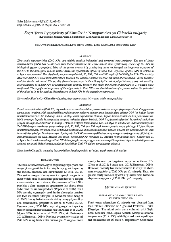 (PDF) Short-Term Cytotoxicity of Zinc Oxide Nanoparticles on Chlorella ...