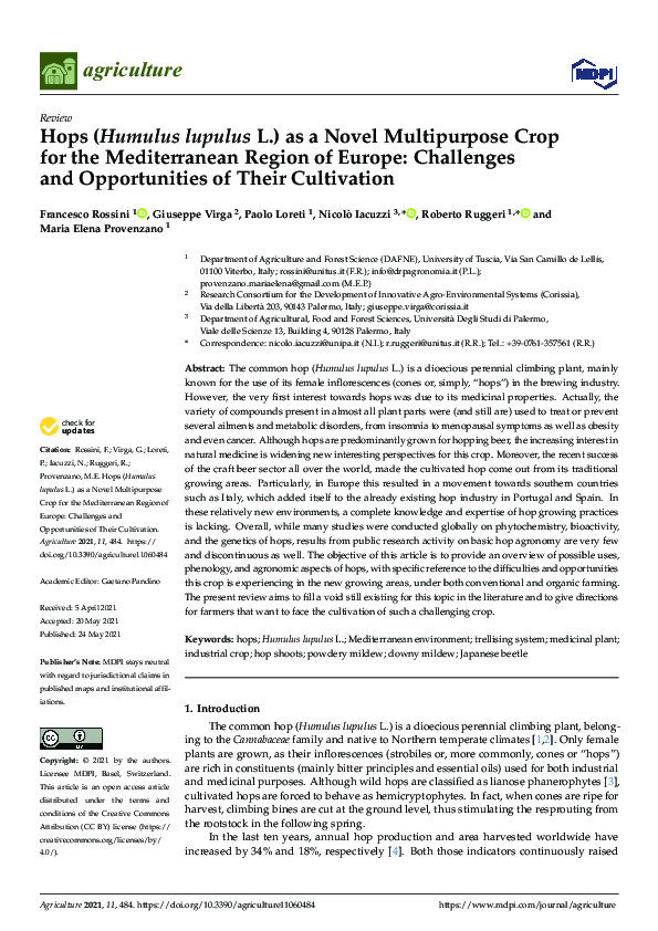 (PDF) Hops (Humulus lupulus L.) as a Novel Multipurpose Crop for the ...