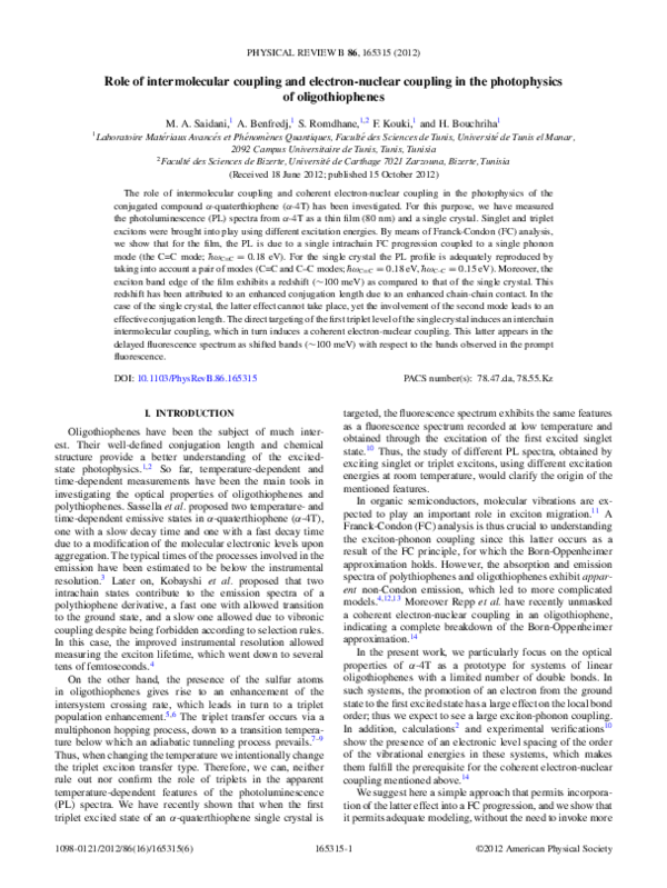 (PDF) Role of intermolecular coupling and electron-nuclear coupling in ...