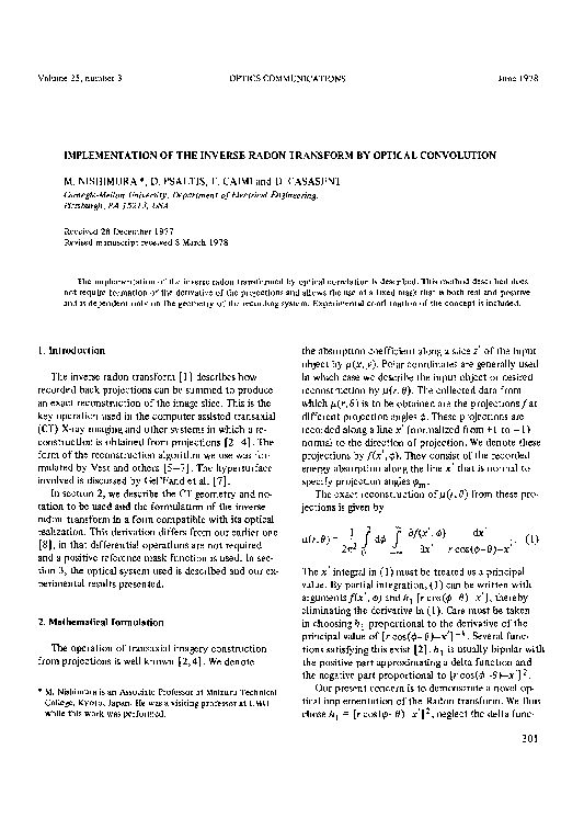 (PDF) Implementation of the inverse radon transform by optical convolution
