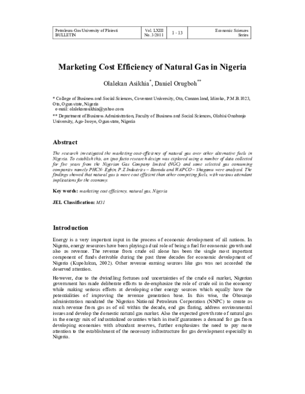 (PDF) Marketing Cost Efficiency of Natural Gas in Nigeria