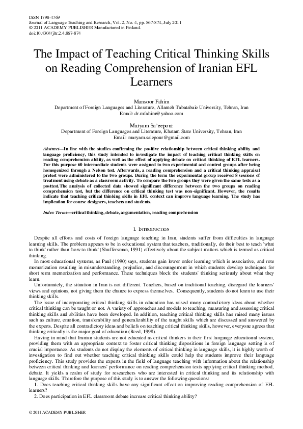 (PDF) The Impact of Teaching Critical Thinking Skills on Reading ...