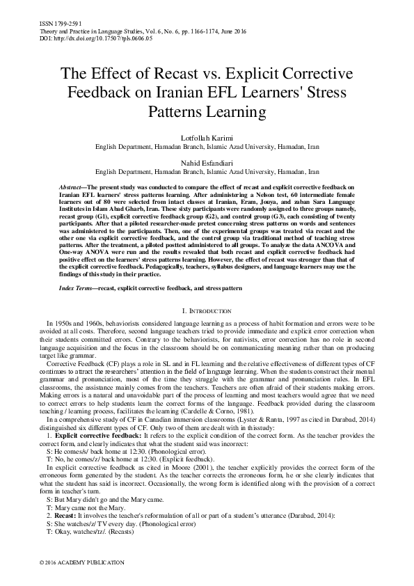 (PDF) The Effect of Recast vs. Explicit Corrective Feedback on Iranian ...