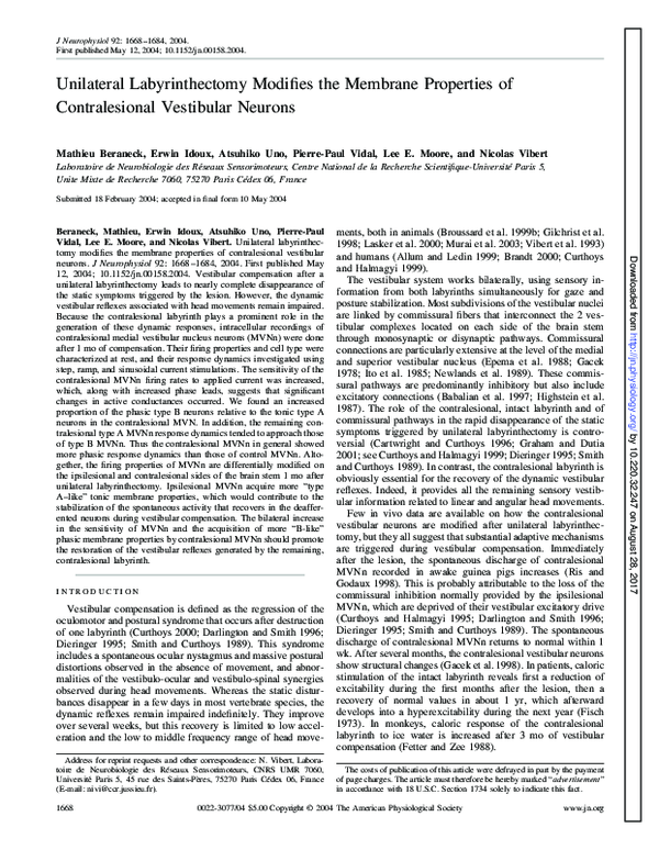 (PDF) Unilateral Labyrinthectomy Modifies the Membrane Properties of ...