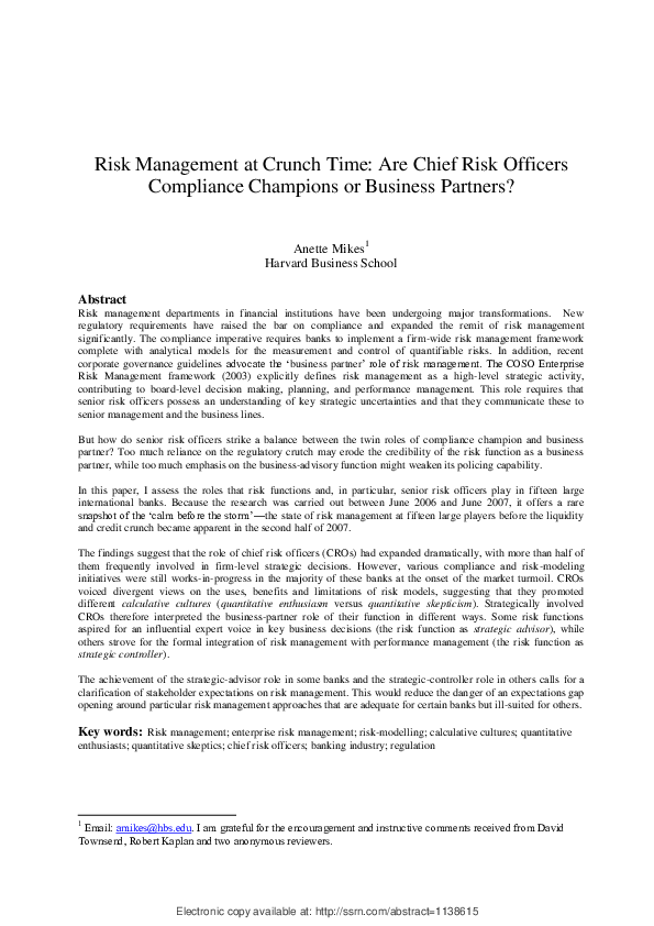 (PDF) Risk Management at Crunch Time: Are Chief Risk Officers ...